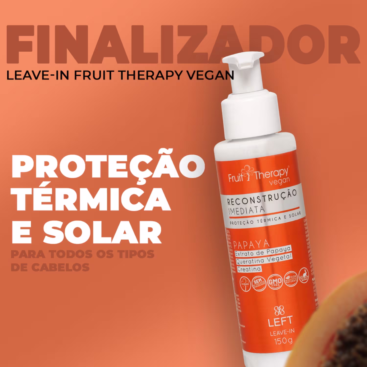 A imagem mostra um frasco laranja com escritas em português informando que é um tratamento de reconstrução imediata que oferece proteção térmica e solar para todos os tipos de cabelos.