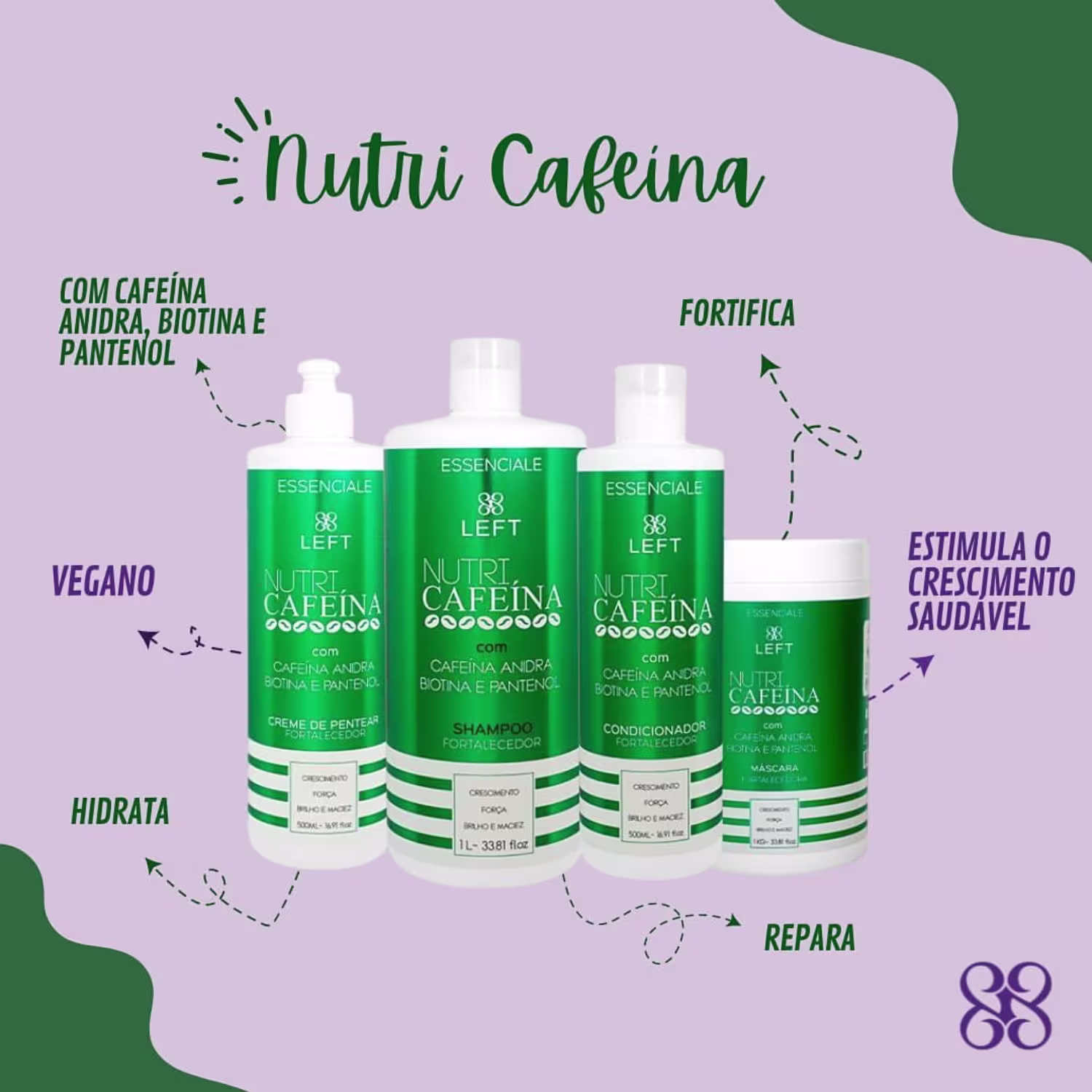 A imagem apresenta a linha de produtos de tratamento capilar chamada "Nutri Cafeína" da linha Essenciale. Todos em embalagem branca com rótulo verde metalizado. A foto traz shampoo, condicionador, creme e máscara um ao lado do outro.