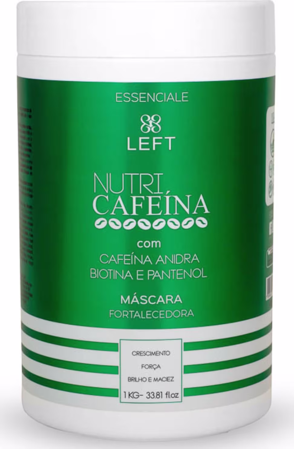 A imagem mostra um pote de 1kg da máscara fortalecedora para cabelos "Essenciale Nutri Cafeína". Traz uma embalagem branca com rótulo verde metalizado informando conter cafeína anidra, biotina e pantenol.
