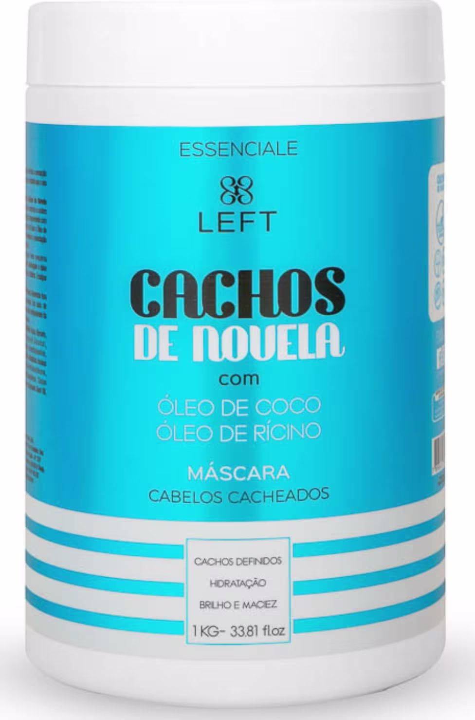 A imagem mostra um pote de 1kg da máscara reconstrutora para cabelos "Essenciale Cachos de Novela". Traz uma embalagem branca com rótulo azul claro informando conter óleo de coco e óleo de rícino.