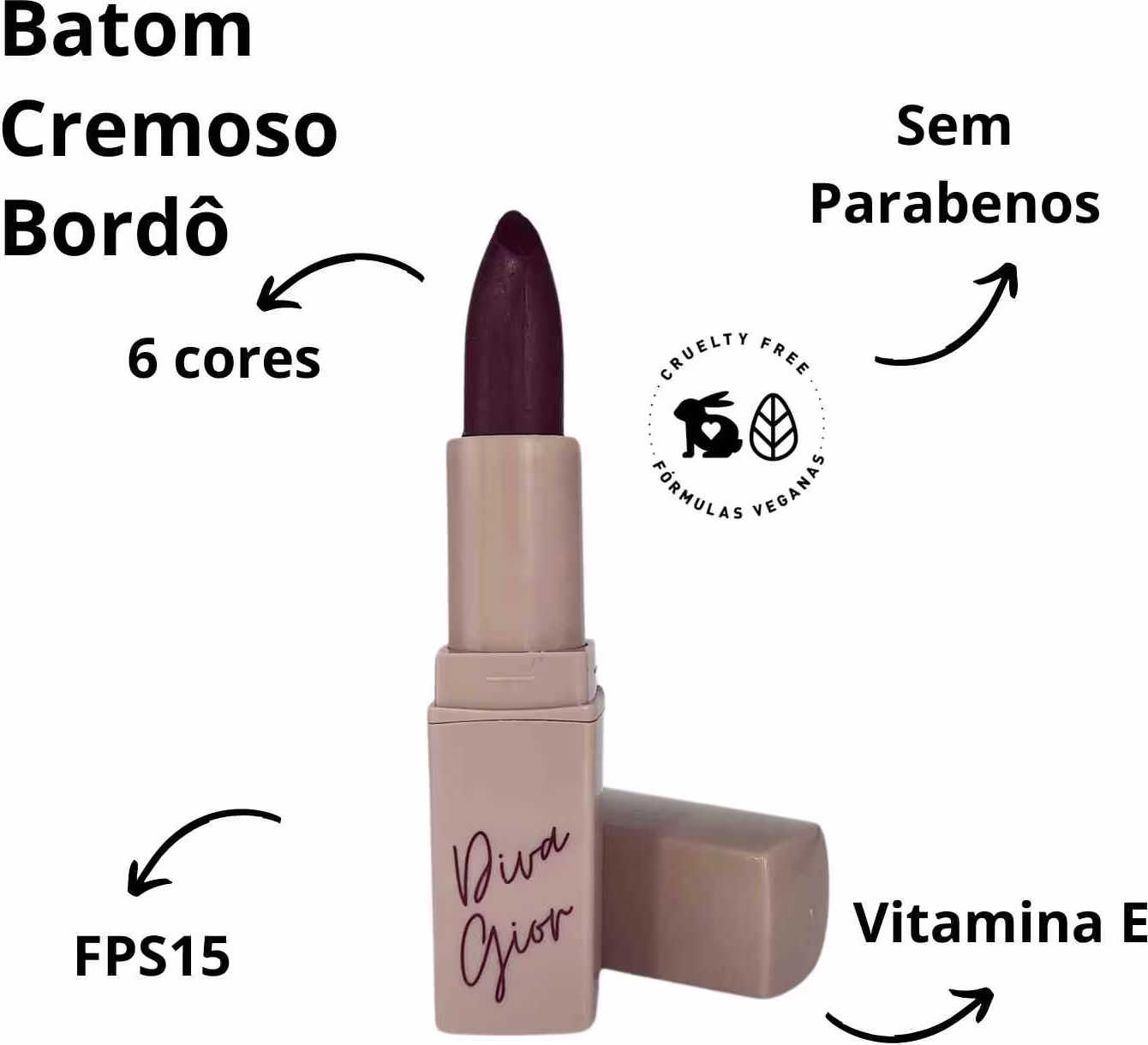 Batom em formato de cilindro com embalagem plástica nude. O produto possui uma tampa dourada e o bastão de batom tem uma cor vinho profunda. Na lateral da embalagem está escrito "Diva Gior" em letras cursivas vermelhas.