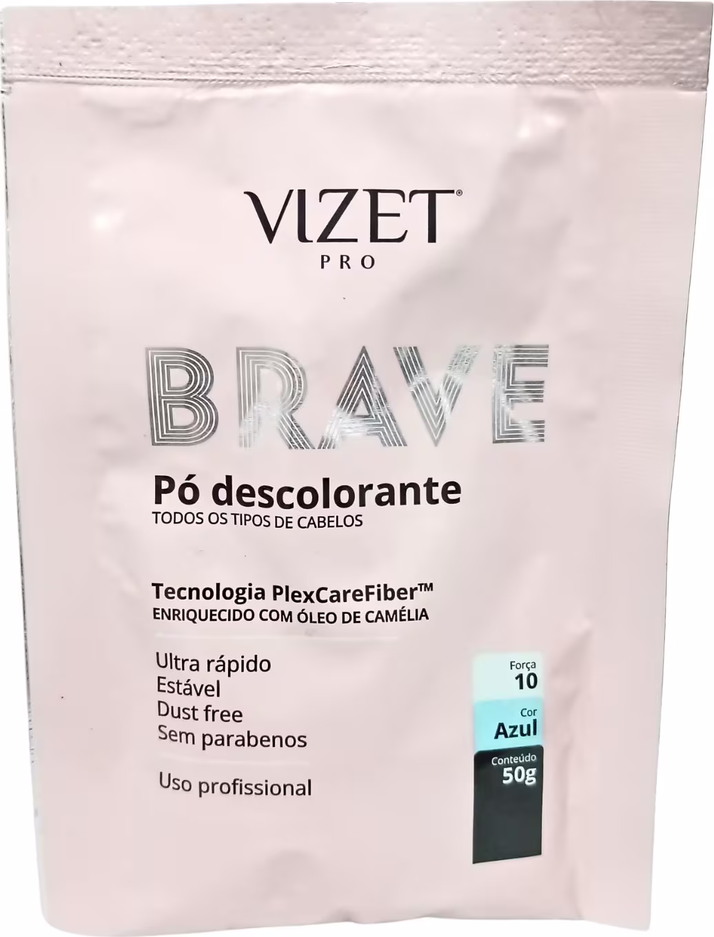A imagem mostra o pó descolorante em embalagem plástica clara com detalhes impressos em preto, azul e verde.