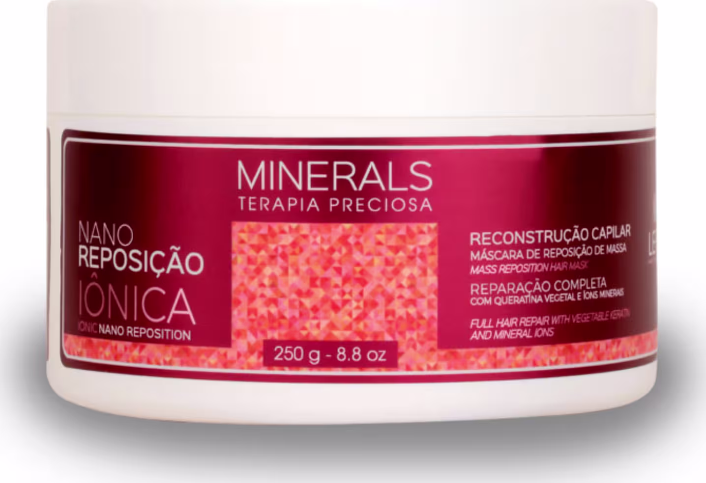 A imagem traz a máscara de tratamento da linha Minerals Terapia Preciosa Nano Reposição Iônica. O produto vem em um pote de 250g feito de plástico branco com rótulo vermelho, e promete reparação completa dos cabelos com queratina vegetal e íons minerais.