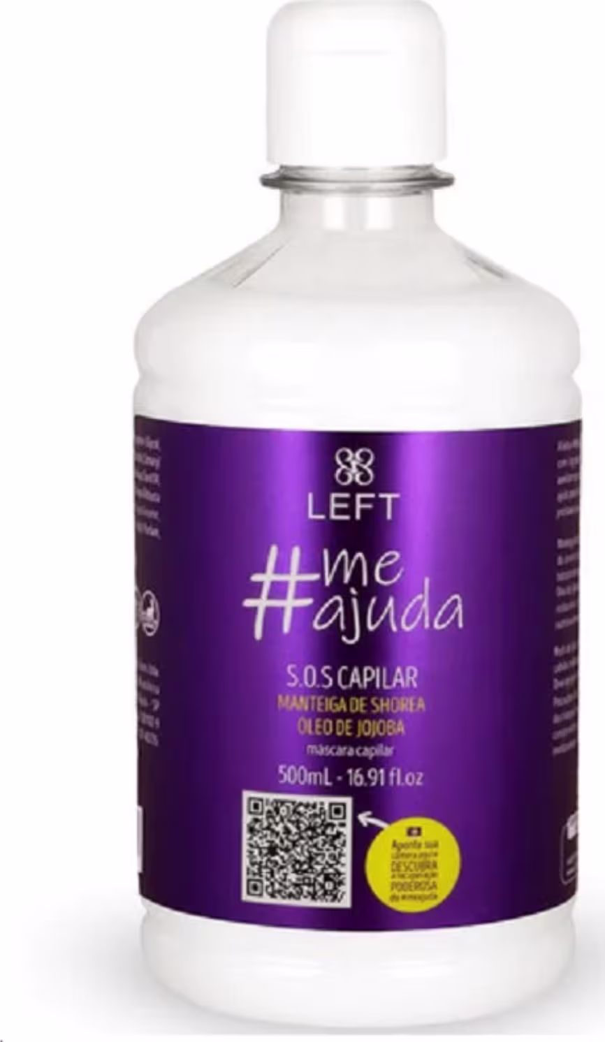 A imagem mostra uma embalagem de plástico de 500ml transparente contendo um produto líquido de cor branca. A embalagem tem um rótulo roxo com a marca "Left" e o nome "#meajuda S.O.S Capilar.