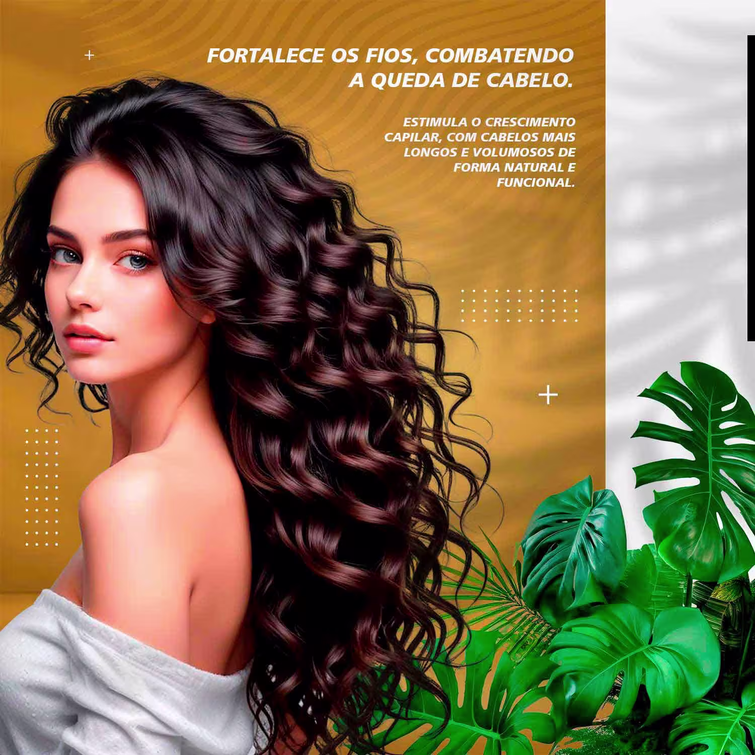 A imagem mostra  uma mulher com cabelos longos  e informações sobre o que o produto proporciona.