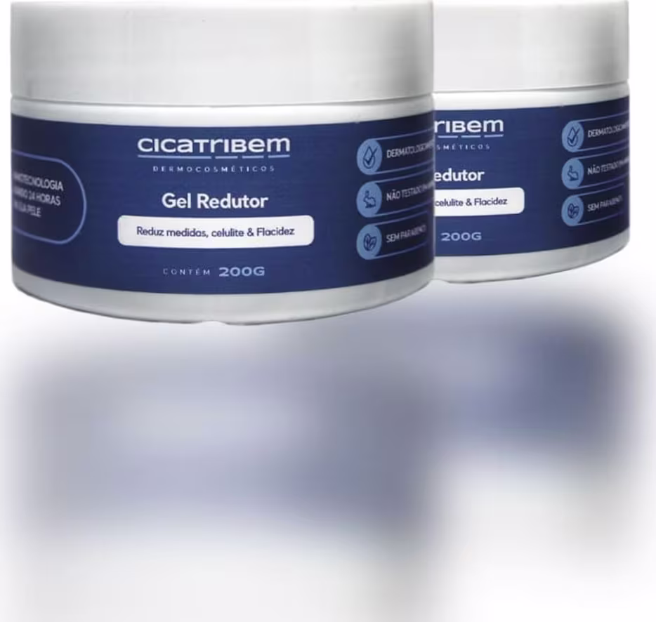 Dois potes brancos com rótulos azuis da marca Cicatribem, contendo "Gel Redutor" para reduzir medidas, celulite e flacidez. Cada pote possui 200g de produto.