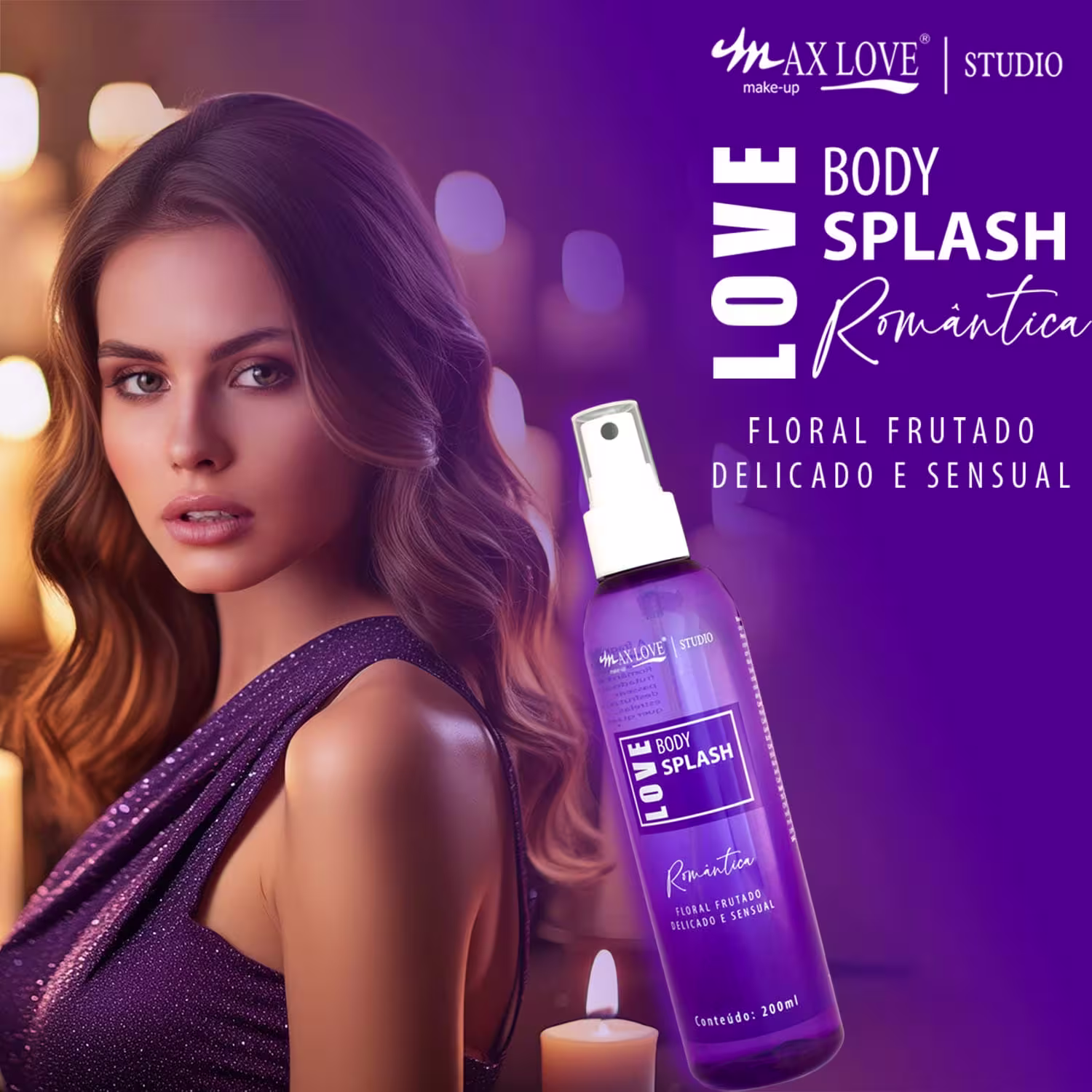Body Splash Max Love. A imagem promocional mostra uma mulher com cabelos longos e ondulados, usando um vestido roxo brilhante, representando o conceito sensual do produto. Cores predominantes são roxo e tons quentes.