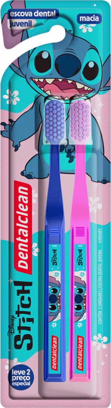 Este é um conjunto de duas escovas dentais infantis da marca Dentalclean. As escovas têm cabos plásticos, uma azul e outra rosa. Traz a ilustração do Stitch um personagem da Disney azul sorridente.