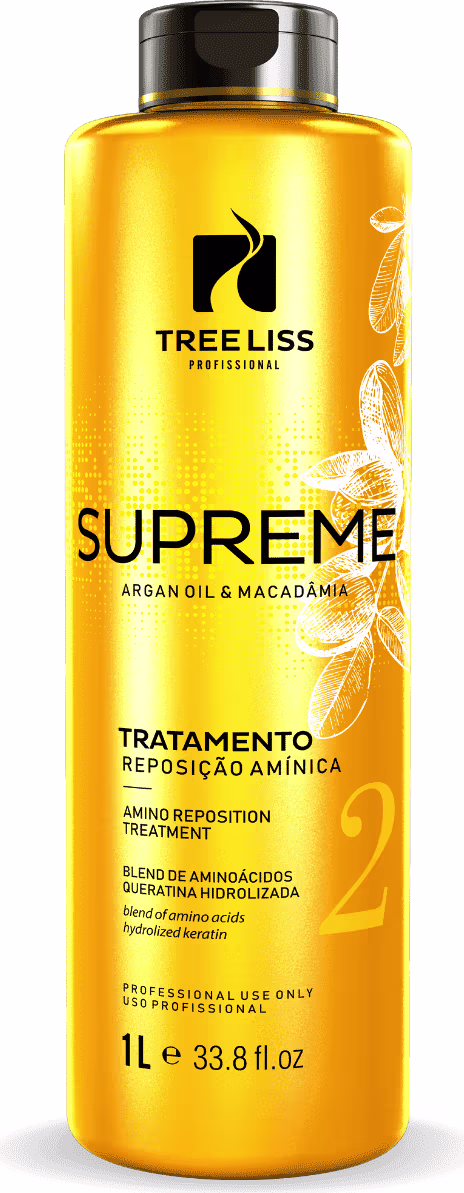 Tratamento de reposição amínica da linha Supreme da TreeLiss Profissional. Frasco plástico amarelo de 1 litro com rótulo preto e detalhes florais brancos. Contém óleo de argan e macadamia.