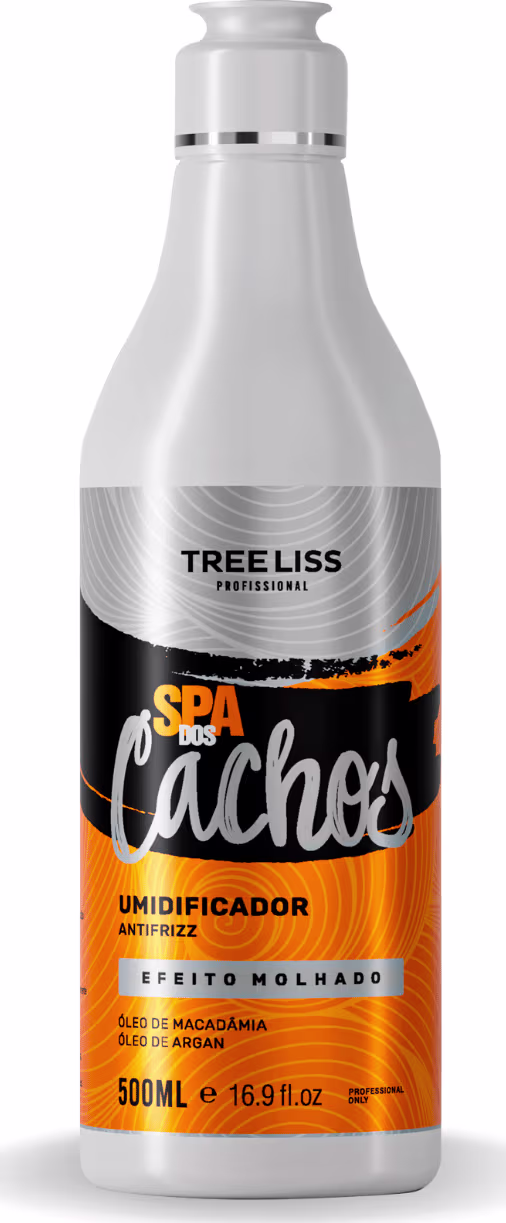 Produto de tratamento capilar TreeLiss Profissional "Spa dos Cachos" em frasco plástico de 500ml. Embalagem cilíndrica com tampa branca. Rótulo preto e laranja com texto "Umidificador Anti-Frizz Efeito Molhado".