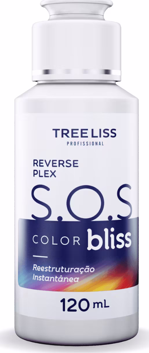 Produto de tratamento capilar da linha TreeLiss Profissional. Frasco plástico de 120ml contendo um líquido. Rótulo com o nome "Reverse Plex S.O.S Color Bliss" e descrição "Reestruturação Instantânea" em português.