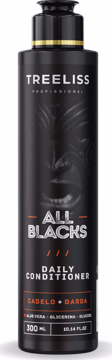 Condicionador diário All Blacks da marca TreeLiss Profissional. Embalagem preta com detalhes dourados, formato cilíndrico de plástico. Rótulo com o nome do produto em letras brancas e a imagem de um rosto feroz em alto relevo.