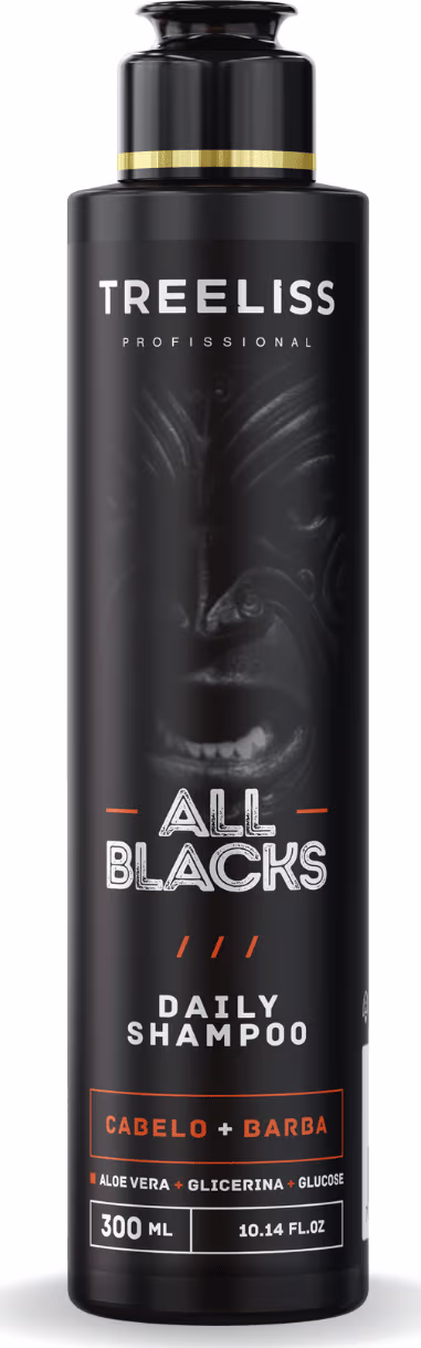 Produto de beleza da marca TreeLiss Profissional, um shampoo diário para cabelo e barba. Embalagem plástica preta com detalhes em dourado. Rótulo com o nome "All Blacks" em letras grandes e brancas.