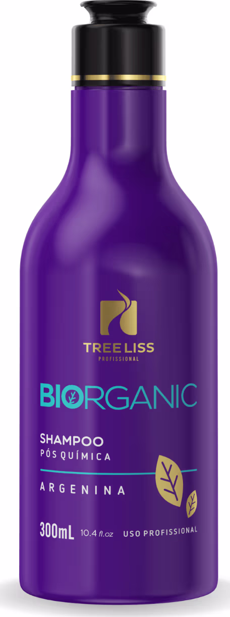 Shampoo Biorganic da marca TreeLiss Profissional. Embalagem plástica roxa com tampa preta. Rótulo com o logotipo da marca em dourado e detalhes em verde folhagem.