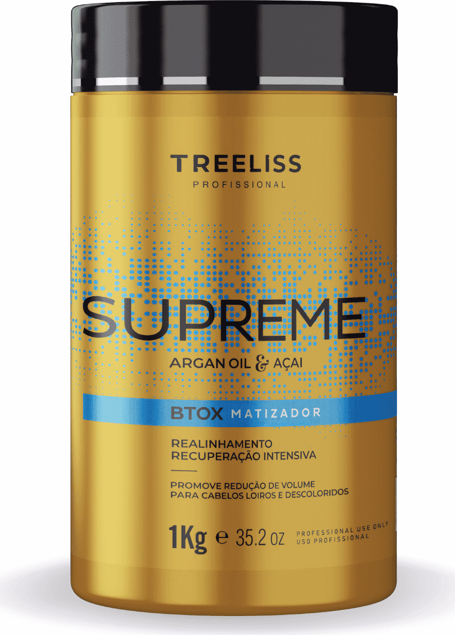 Produto de tratamento capilar da linha Supreme da marca TreeLiss Profissional. Embalagem plástica dourada com detalhes em preto. Rótulo com o nome "Supreme Argan Oil & Açaí Btox Matizador" e descrições.