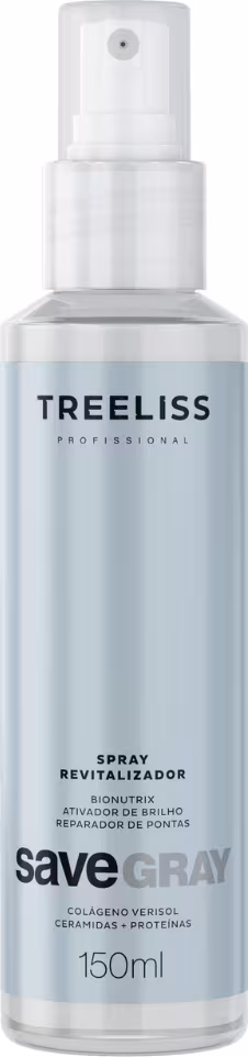 Spray revitalizador de cabelos grisalhos SaveGray da marca TreeLiss Professional. Embalagem de plástico transparente em formato cilíndrico com tampa borrifadora branca. Rótulo na cor cinza com o nome do produto e da marca em letras brancas.