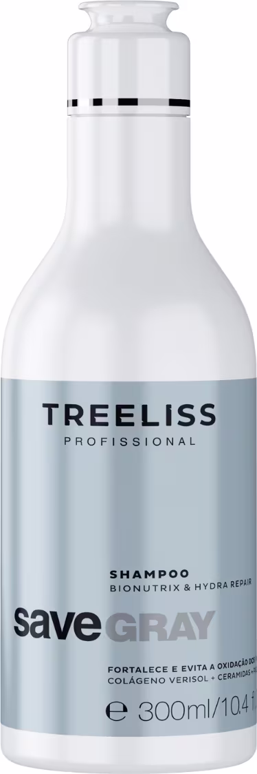 Shampoo SaveGray da marca TreeLiss Profissional. Embalagem de plástico transparente em formato de frasco com tampa branca. Rótulo cinza com texto preto "TreeLiss Profissional" e "SaveGray Shampoo Bionutrix & Hydra Repair".