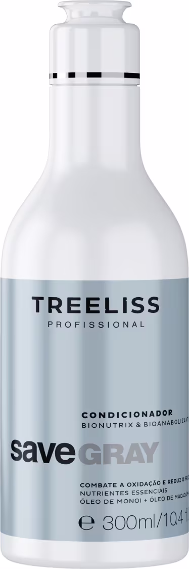Condicionador Save Gray da linha TreeLiss Profissional. Embalagem cilíndrica branca de plástico com tampa da mesma cor. Rótulo com o nome da marca TreeLiss em letras maiúsculas pretas.