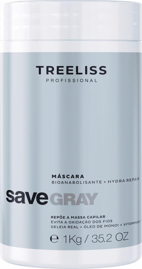 Produto de tratamento capilar da marca TreeLiss Profissional, linha SaveGray. Embalagem plástica cilíndrica transparente contendo máscara capilar bioanapolisante e hydra repair. Rótulo na cor cinza com texto "SaveGray" em destaque.