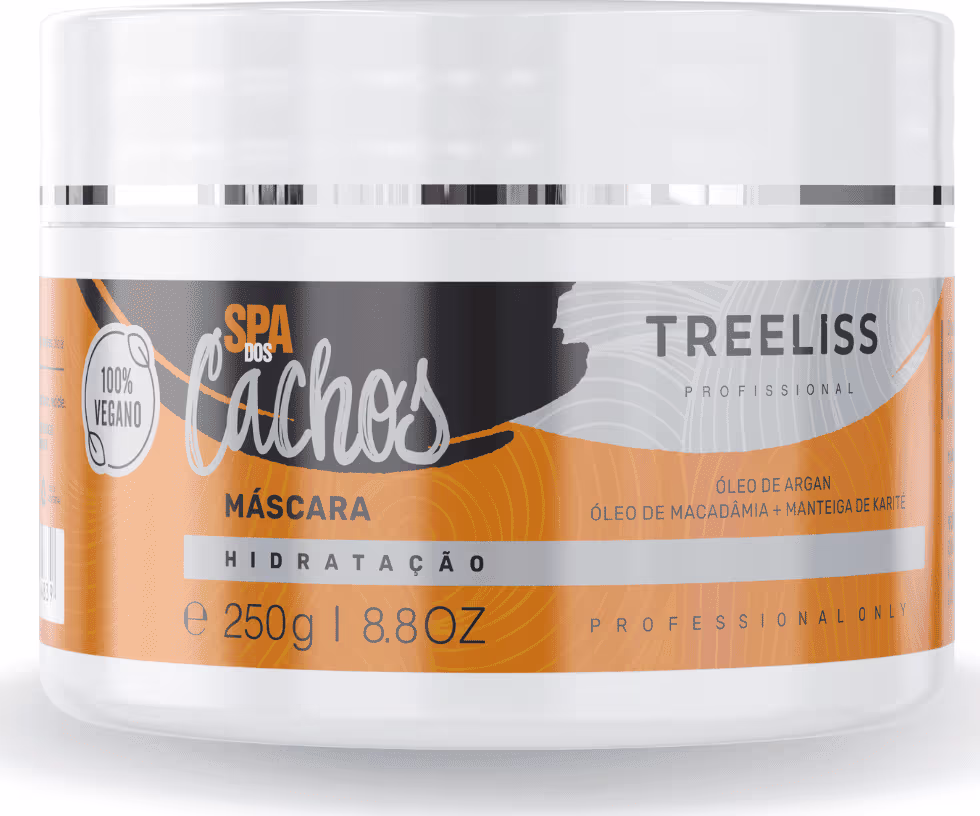Máscara capilar hidratante da linha Spa das Cachos da marca TreeLiss Profissional. Embalagem plástica branca opaca com tampa rosqueável. Rótulo laranja com detalhes em cinza e preto.