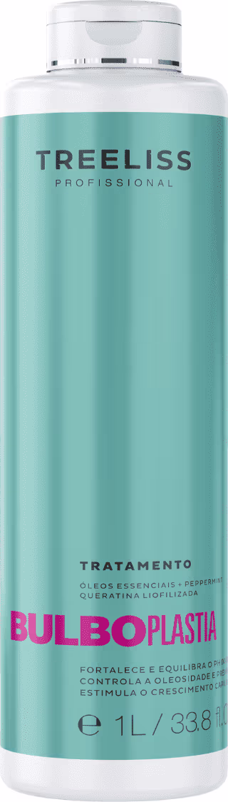 Tratamento capilar Bulboplastia da linha TreeLiss Profissional. Embalagem cilíndrica plástica transparente de 1 litro, contendo um líquido de cor verde água.