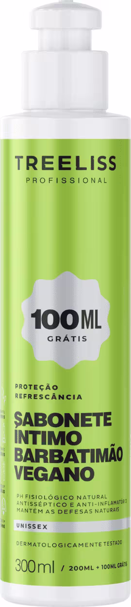 Produto íntimo vegano da marca TreeLiss Profissional. Embalagem plástica com bomba dosadora branca. Rótulo verde com detalhes em branco, indicando "Sabonete Íntimo Barbatimão Vegano" e informações como "100ml grátis".