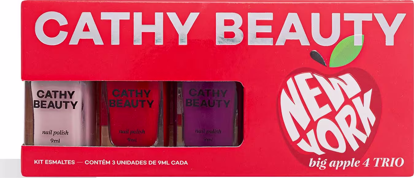 Conjunto de 3 esmaltes da marca Cathy Beauty em embalagem vermelha com texto em branco. Cada frasco possui 9ml de esmalte e o conjunto é chamado de "New York Big Apple 4 Trio".