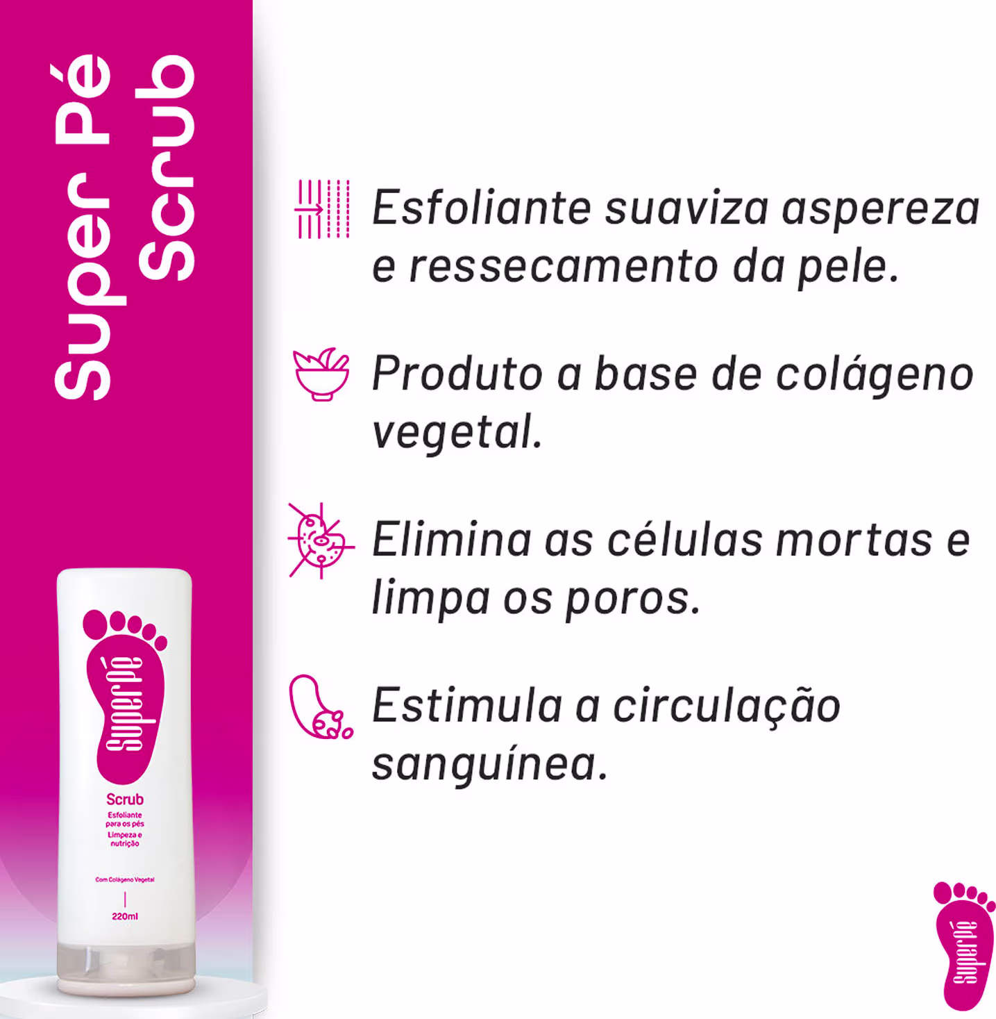 O rótulo destaca que é um produto à base de colágeno vegetal, que elimina células mortas, limpa os poros e estimula a circulação sanguínea.