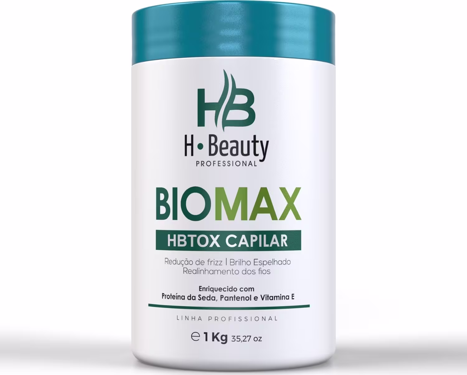 Produto de tratamento capilar da linha profissional HBeauty Biomax. Rótulo com o logotipo HBeauty e o nome "Biomax Hbtox Capilar" em letras verdes. Descrição em português indicando que é um produto para redução de frizz, brilho e realinhamento dos fios.