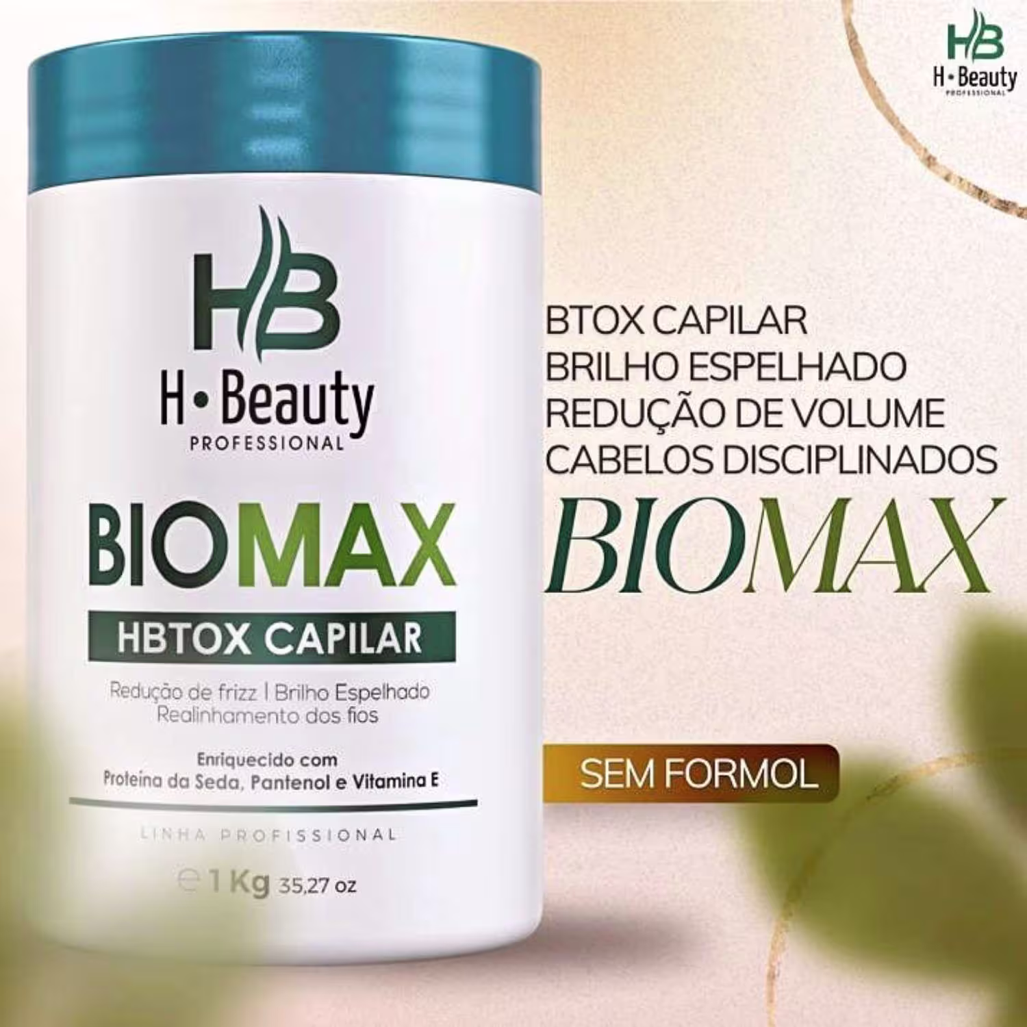 Produto de tratamento capilar da linha HBeauty Professional Biomax. Embalagem plástica branca e azul em formato cilíndrico de 1kg. Rótulo descrevendo que é um produto para redução de frizz, brilho espelhado, realinhamento dos fios e redução de volume.