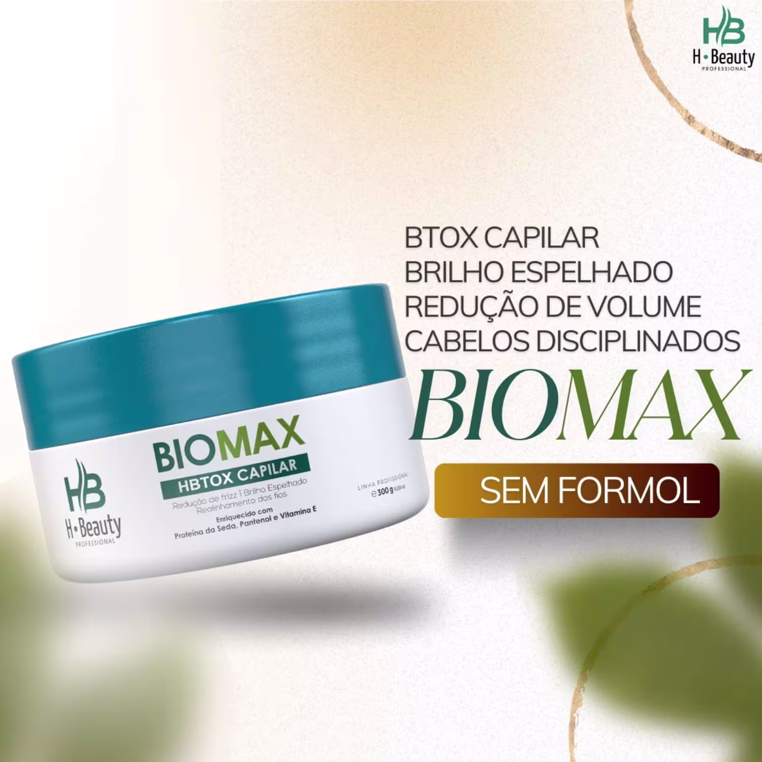 Produto de tratamento capilar Biomax da linha H-Beauty Professional. Rótulo indicando "Btox Capilar, Brilho Espelhado, Redução de Volume, Cabelos Disciplinados". Descrição "Sem Formol" em destaque.