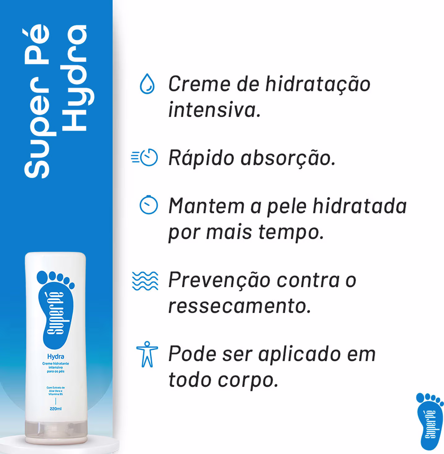 Imagem destacando os benefícios: creme de hidratação intensiva, rápida absorção, mantém a pele hidratada por mais tempo, previne o ressecamento e pode ser aplicado em todo o corpo. Logotipo com uma pegada azul.