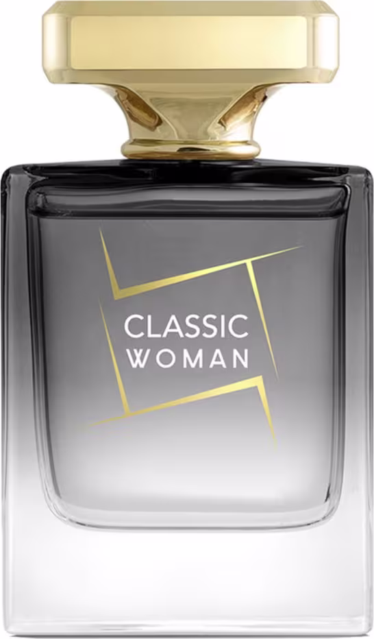 Frasco de perfume feminino Classic Woman, com design elegante em tons de preto e dourado, contendo informações sobre o produto em destaque na embalagem.