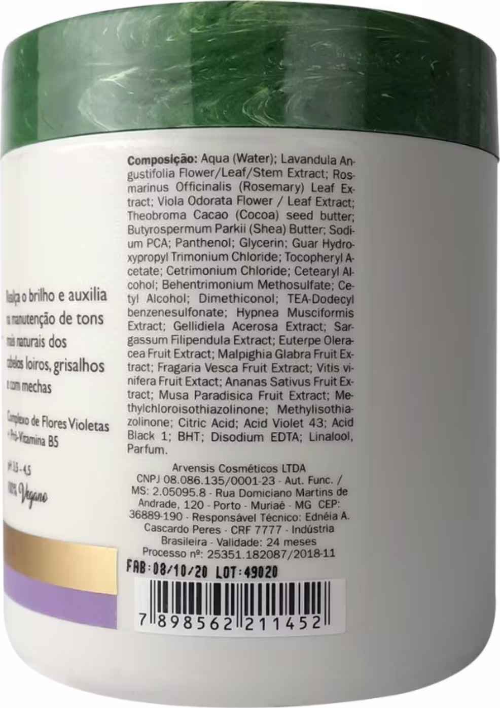 Máscara Capilar Desamareladora Arvensis Cosméticos Naturais. Volumetria 500g.