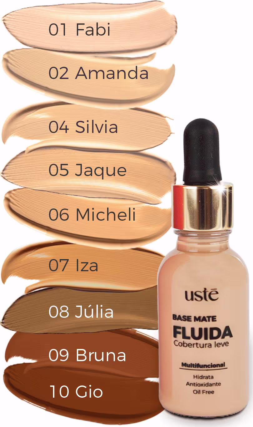 Base Mate Fluida da Ustē Cosméticos. Ao lado, amostras de cores em formato de gotas, variando do bege claro ao marrom escuro, numeradas de 01 a 10 e nomeadas Fabi, Amanda, Silvia, etc.