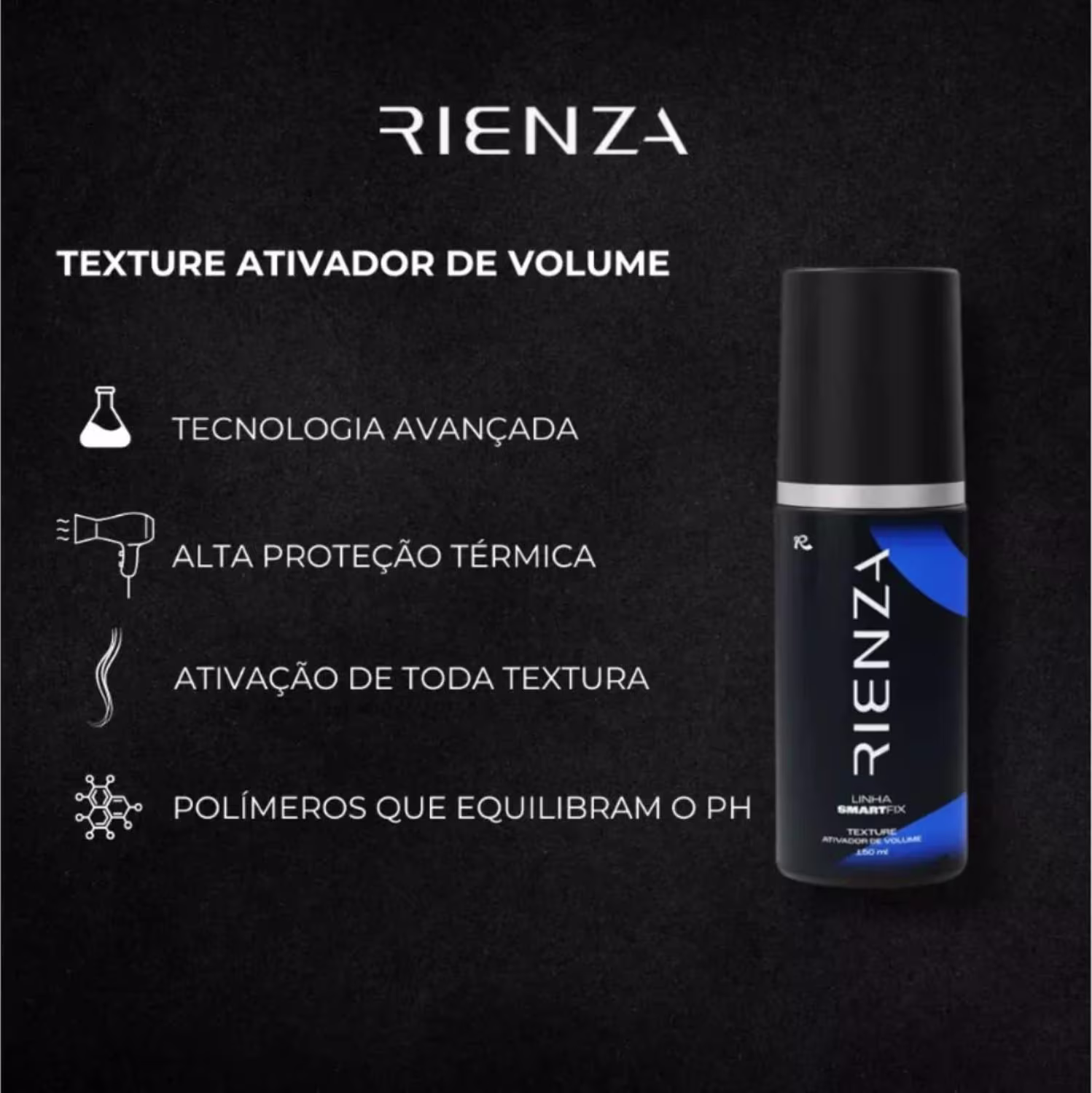 A imagem mostra o produto e ao lado texto destaca: texture ativador de volume, tecnologia avançada, alta proteção térmica, ativação de toda textura e polímeros que equilibram o pH.