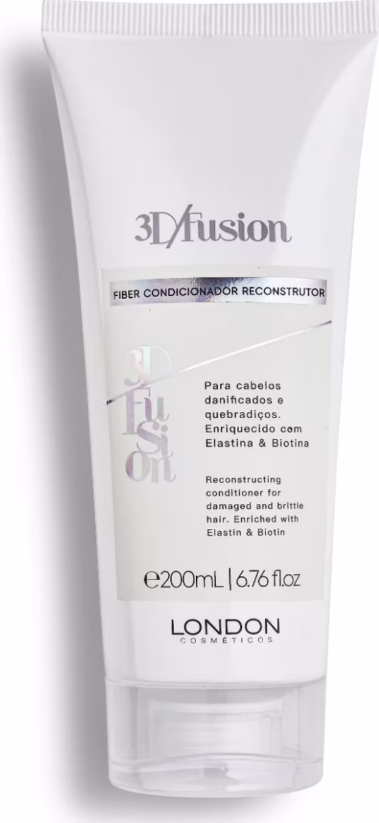 O produto apresentado é um condicionador reconstrutor. A embalagem é um tubo branco com rótulo cinza, contendo 200 ml do produto. O rótulo indica que o condicionador é enriquecido com Elastina e Biotina, indicado para cabelos danificados e quebradiços.