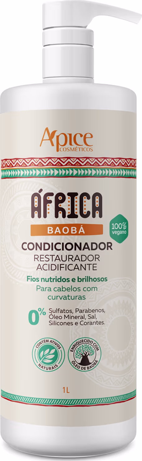 Frasco branco de 1 litro com bomba dosadora, contendo condicionador restaurador de cabelos à base de baobá da linha África da marca Apice Cosméticos. Rótulo com informações sobre ingredientes e benefícios do produto.