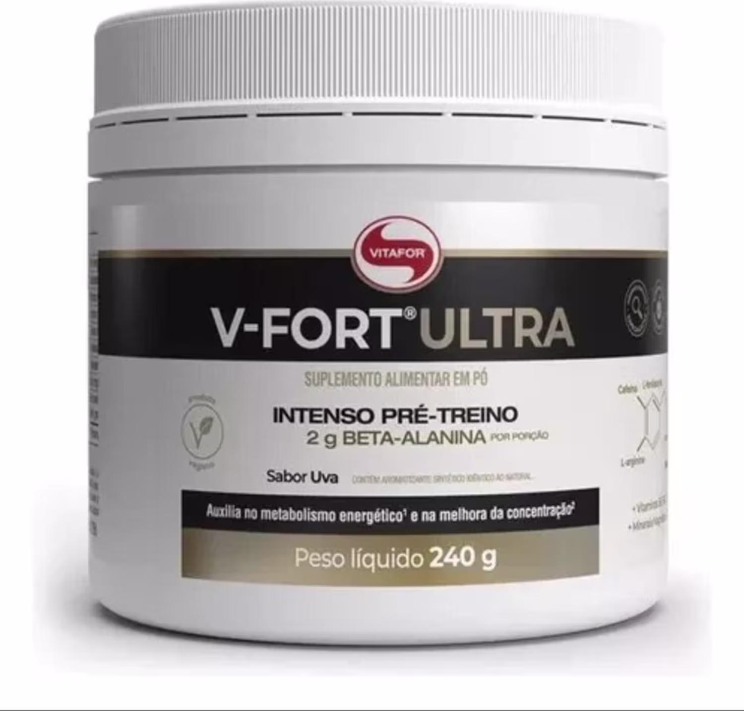 O produto apresentado é um suplemento alimentar em pó da marca Vitafor, chamado V-Fort Ultra, com sabor de uva. A embalagem é um frasco branco com detalhes em vermelho e preto, contendo 240g do produto.