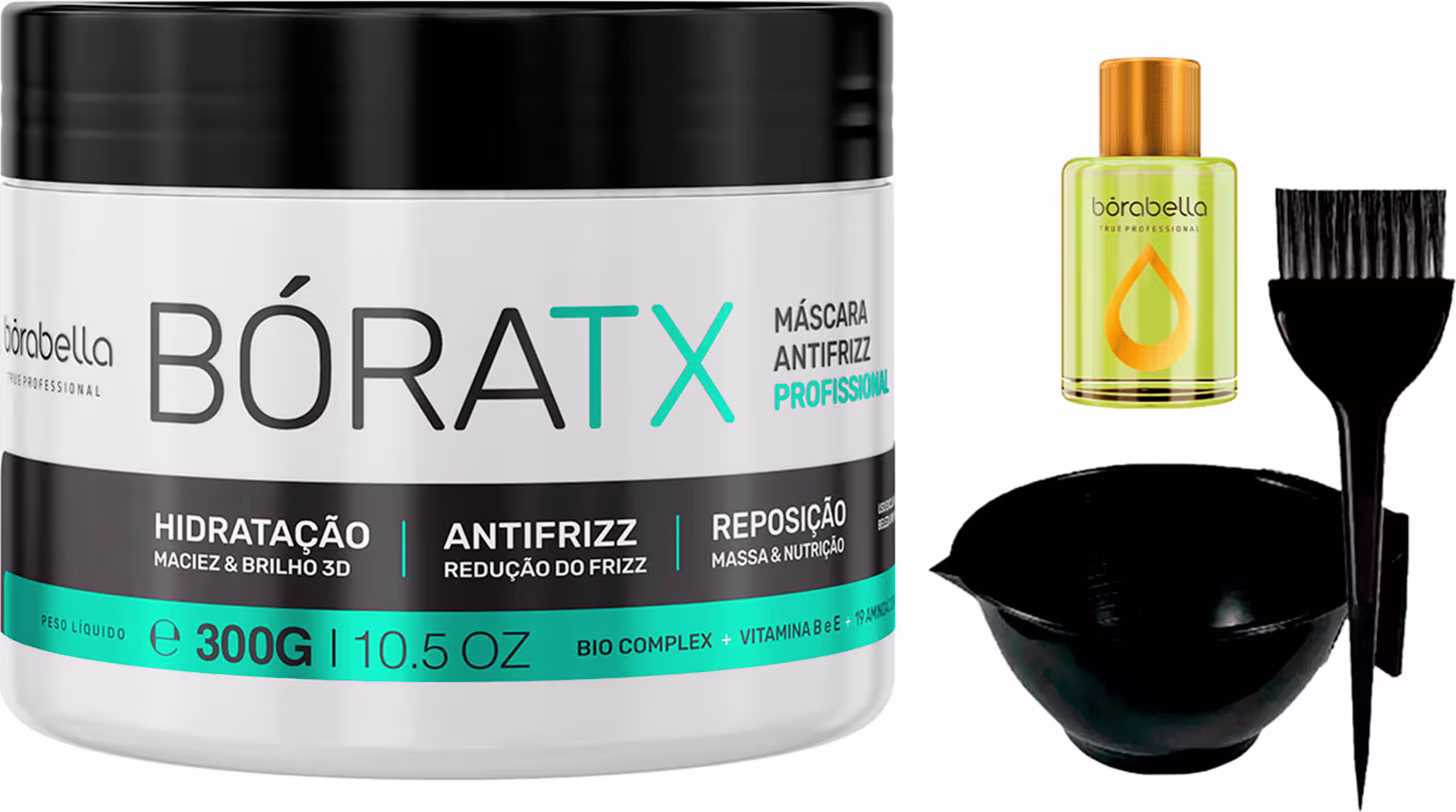Kit Borabella Bóratx + Óleo De Argan e Macadamia + Acessórios, 4 produtos.