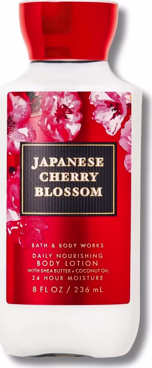 Frasco branco de loção corporal da Bath & Body Works com rótulo preto e vermelho, apresentando o nome "Japanese Cherry Blossom" e informações sobre o produto.