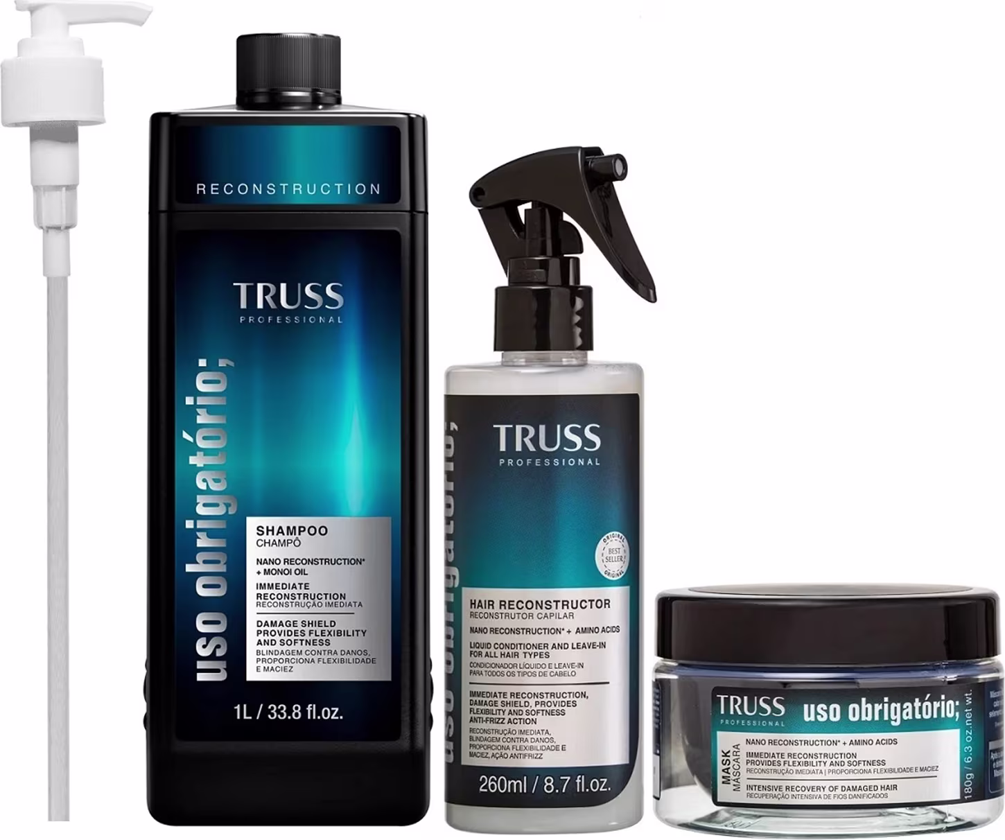 Conjunto de produtos de reconstrução capilar da marca TRUSS, incluindo shampoo, condicionador e máscara em embalagens plásticas pretas e azuis com rótulos e textos informativos.
