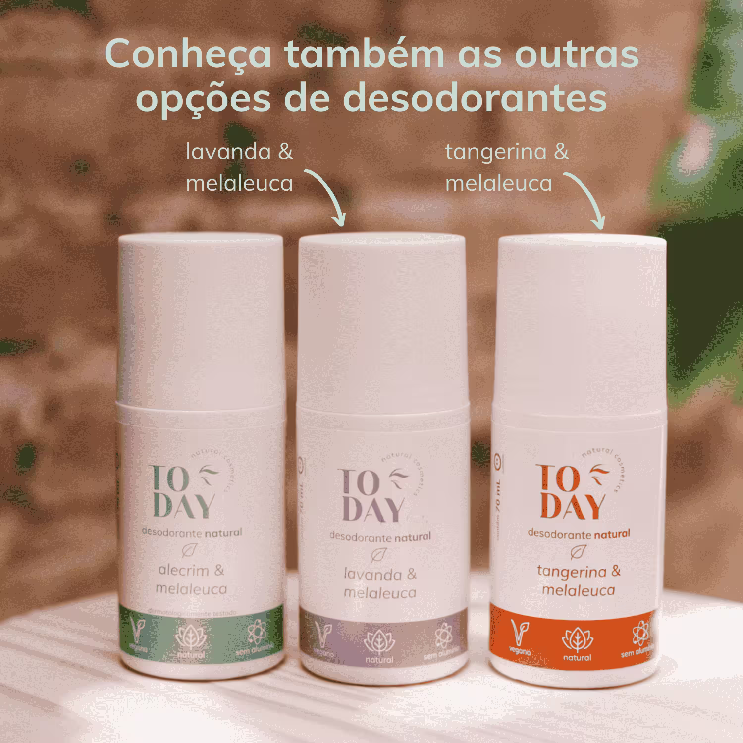 A imagem mostra três desodorantes da marca Today. São três frascos brancos e cada um tem diferentes cores - verde, lilás e laranja. Aparece o seguinte texto: Conheça também as outras opções de desodorantes.