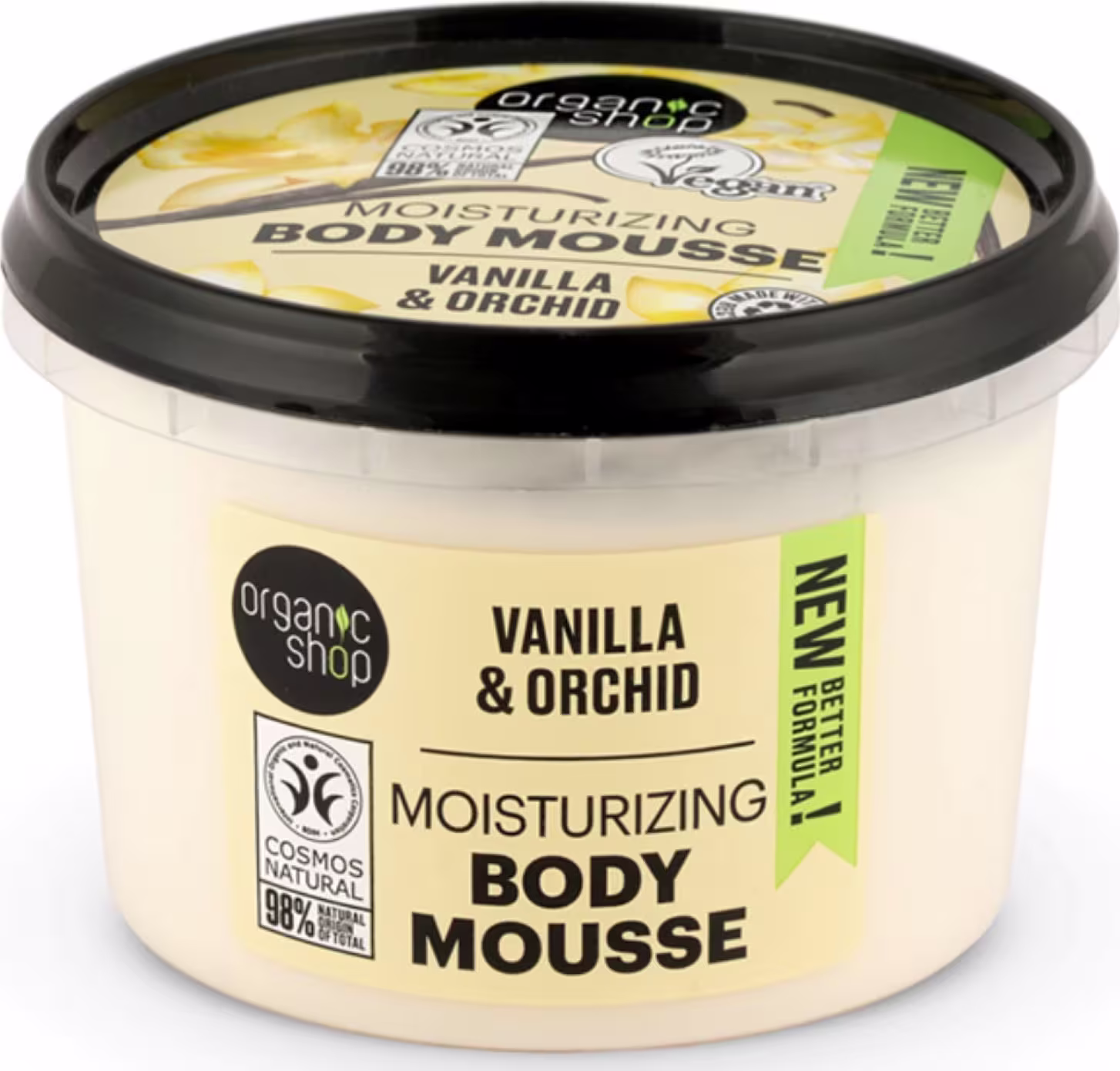 A imagem mostra o creme hidratante em embalagem plástica transparente com tampa preta. Rótulo com fundo bege e detalhes em preto, verde e amarelo.