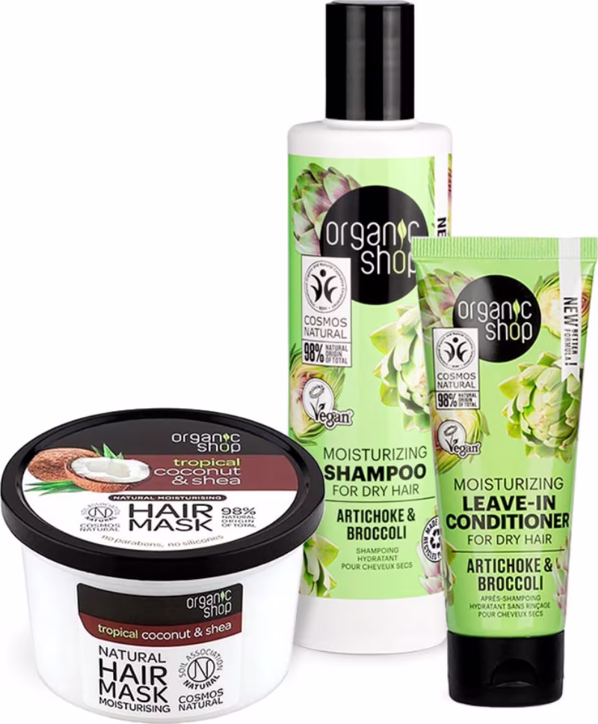 A imagem mostra um shampoo com frasco branco e rótulo verde com imagens de alcachofra. Leave-in em um tubo com tampa preta e rótulo verde decorado com alcachofras. Por fim, a máscara capilar em pote branco com detalhes em preto e marrom.