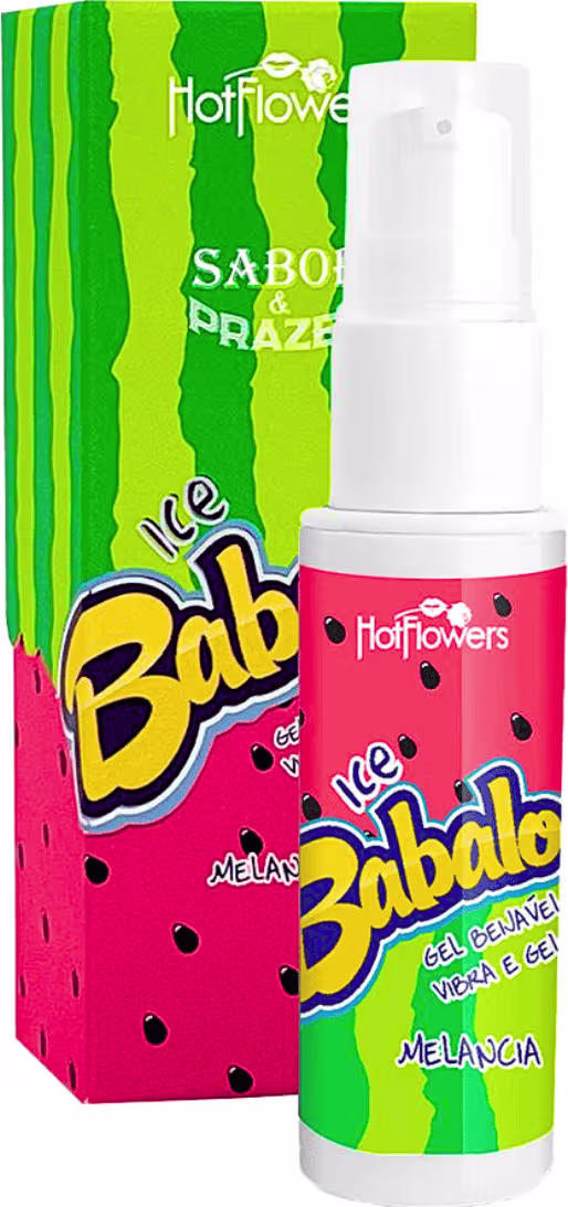 A imagem mostra o Gel Beijável Babaloo Ice Melancia da marca Hot Flowers e sua caixa ao lado.