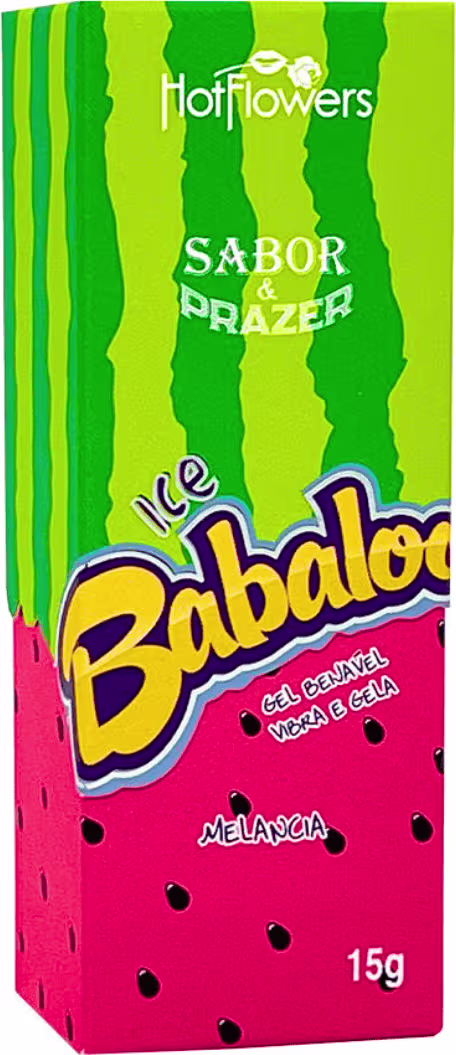 A imagem mostra a caixa do Gel Beijável Babaloo Ice Melancia.