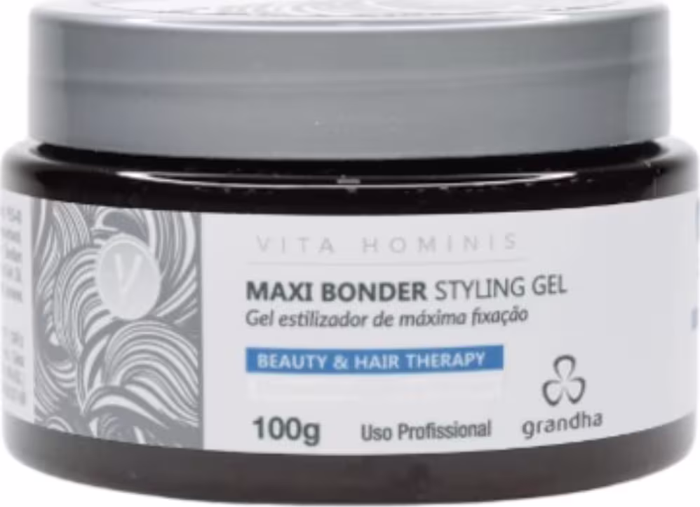 Maxi Bonder Styling Gel, embalagem preta e branca, 100g, produto da linha Beauty & Hair Therapy da marca Grandha, com texto informativo sobre o uso profissional do gel estilizador de máxima fixação.