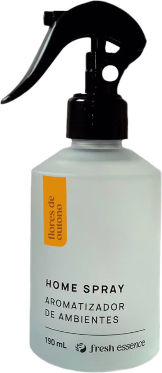 Home Spray aromatizador de ambientes da marca Fresh Essence. Frasco transparente com líquido dentro. Pulverizador preto na parte superior. Rótulo laranja.