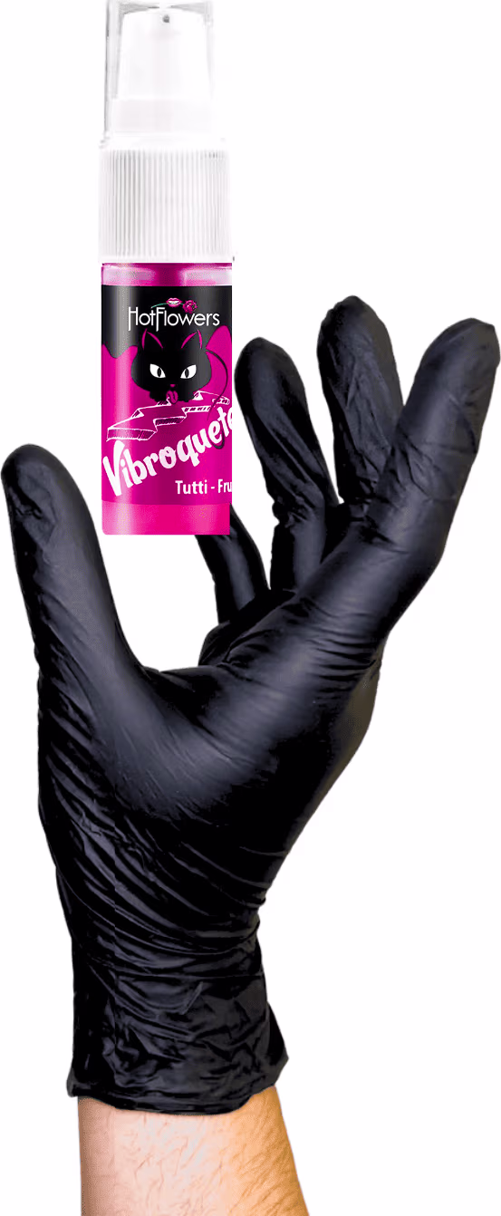 A imagem mostra uma luva preta com o Gel Beijável.